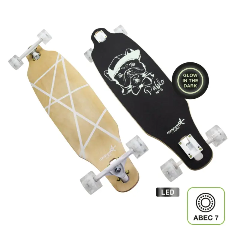Cenový Hit Muuwmi Longboard GLOW ABEC 7 PABLO, svítící kolečka, světelný efekt